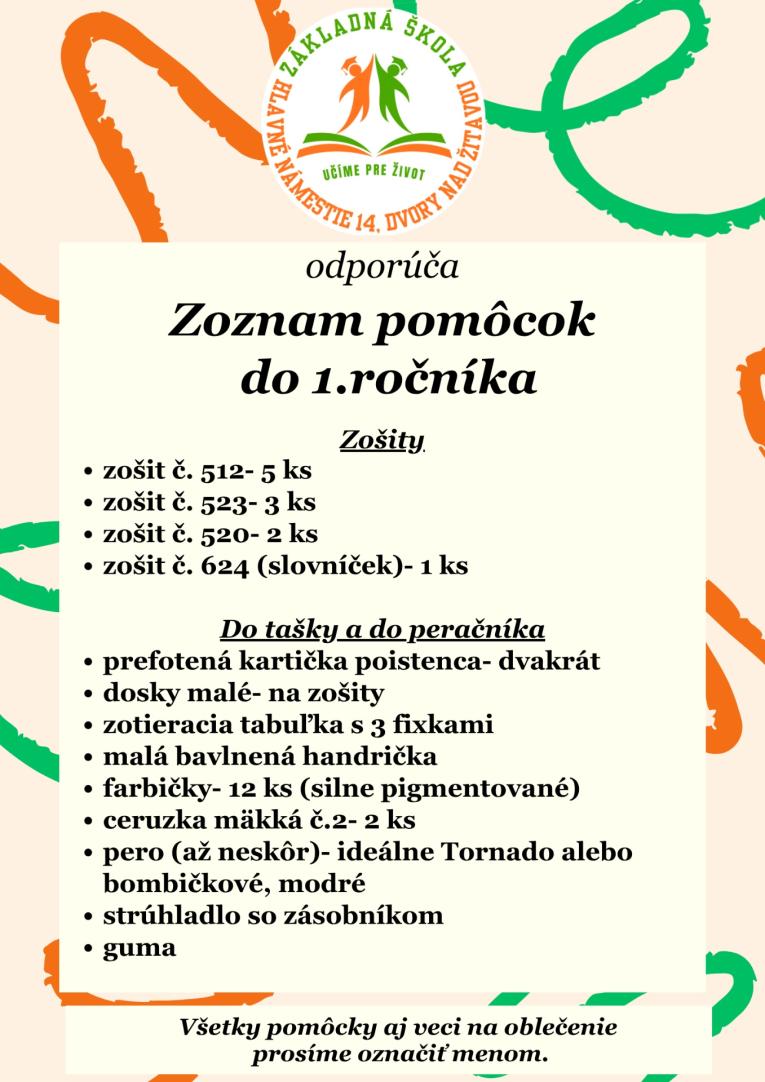 Zoznam pomôcok do&nbsp;1. ročníka